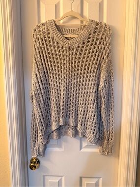 Open-Work V-Neck Sweater in Light Gray